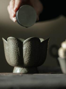 梵泡汝纯手工陶土瓦青莲瓣建水夫家用茶渣斗干茶道件配功91469茶