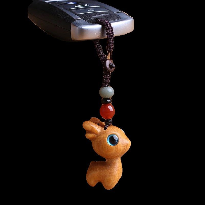 普陀山一路平安檀木小鹿汽车钥匙扣挂件手机链吊坠男女情侣挂饰
