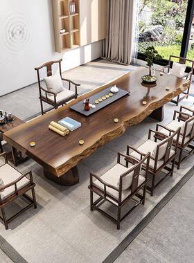 新中式全实大XVT木茶家用功台原木板泡茶桌子办公室夫禅意茶桌椅