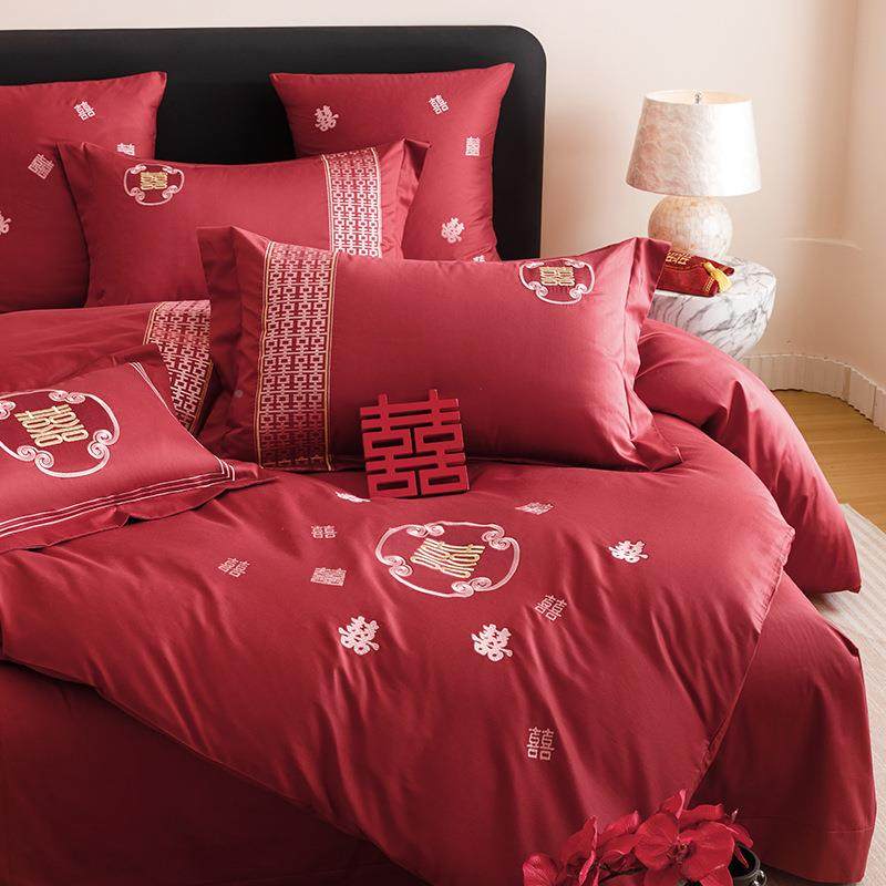 中式婚庆100支被棉四件套纯棉简全约床喜字刺绣红色套结i0婚上用
