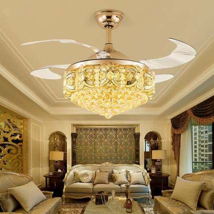 水晶52寸风扇灯欧无品牌/式形风扇吊灯餐厅莲静音led隐折叠华花风