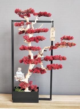 中式铁框红迎客松盆景植创酒店办公室意装饰摆件物落真地仿植物