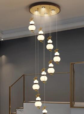 新中式梯典灯旋转复式楼梯吊灯古木58122葫芦六实头吊灯简约轻楼