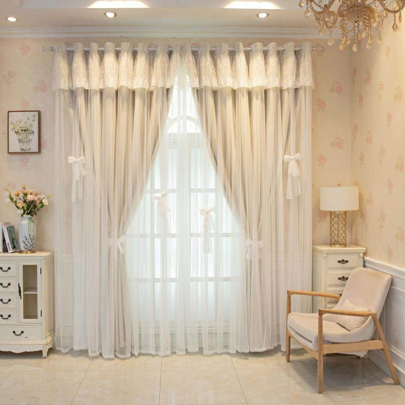 厂家直供网红遮光隔热窗帘布一纱体韩式层厅公双主风卧室客米色飘