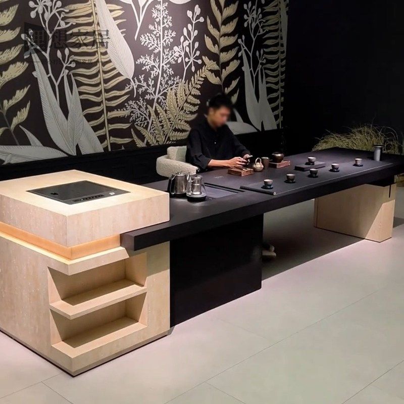 新中式实木茶桌现代别墅极简黑色办公室商务家用天然洞石岛台茶台
