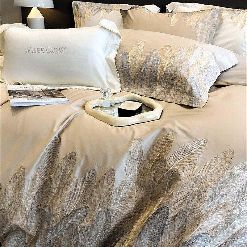 高端轻奢风100支长绒棉全棉四件套重工羽毛刺绣纯棉被套床上用品,床上用品,床品套件/四件套/多件套,淘宝优惠券,粉丝福利购,淘宝优惠卷
