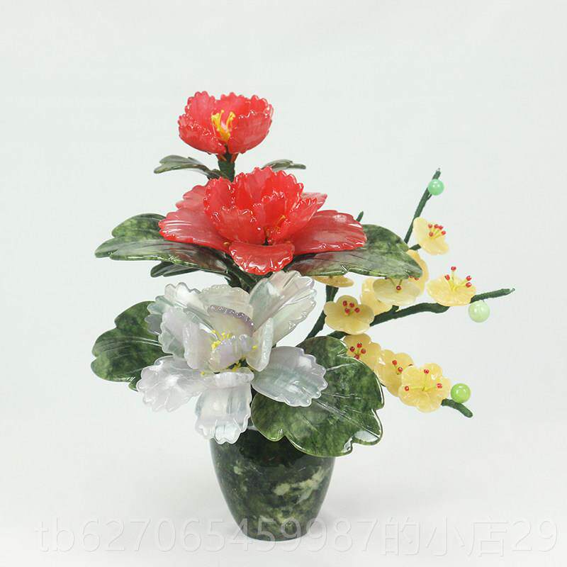 正品天然玉石牡丹花瓶摆件酒公盆景工乔迁新居办客厅柜装饰中式艺