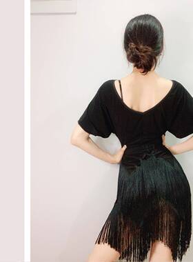 S拉舞服装女成人修身显瘦宽松短袖练功服班服衣L286流苏连短裙L丁