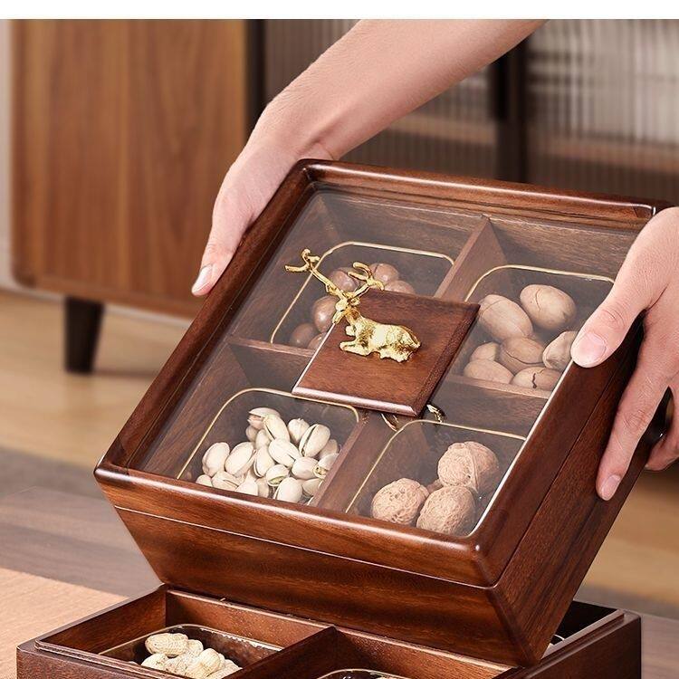 中式实木质干果盒简约轻奢实木防尘精致多格木制单双层零食收纳盒