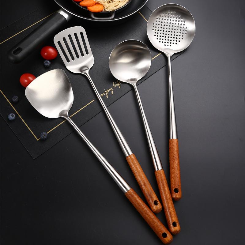 304不锈钢炒铲炒勺加长柄汤勺家用锅铲厨师木柄炒菜铲子厨具套装