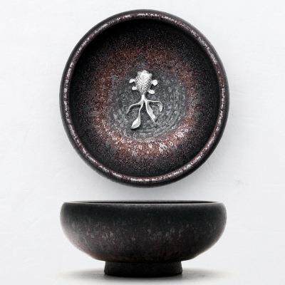 手工镶银陶瓷茶杯琉金釉主人粗陶银鱼杯品茗杯功夫茶盏碗普洱单杯