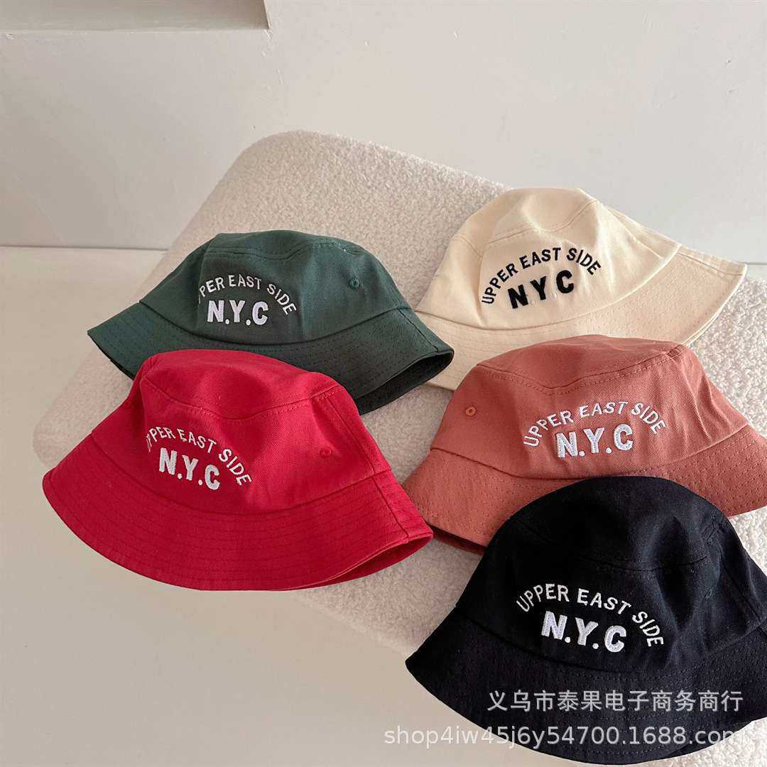 韩版儿童春款洋气简约 NYC字母平顶渔夫帽男女童纯色百搭遮阳盆帽