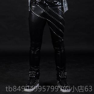 高档紧身夜店雷吧男歌手演出服铆钉身皮裤男修酒士古着皮裤哈机车