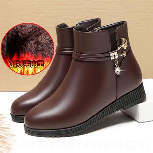 高档妈鞋妈棉真皮软底厚鞋短靴加绒女防滑靴底子保暖棉皮鞋中跟中