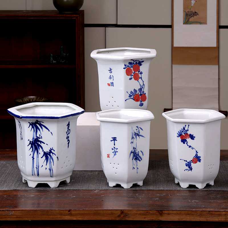 六方兰花盆手绘写意陶瓷吊兰精品悬崖客厅盆陶瓷吊兰绿萝多肉花盆