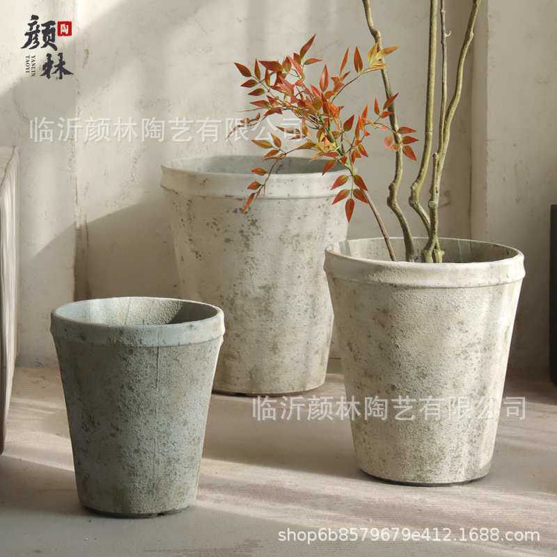 复古手工水泥花盆大口径高款花器客厅花园售楼部商场装饰绿植盆