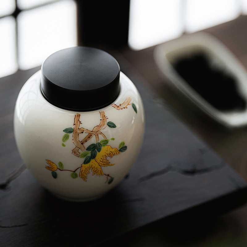 白瓷手绘佛手瓜茶叶罐双层合金盖密封存储茶罐功夫茶具