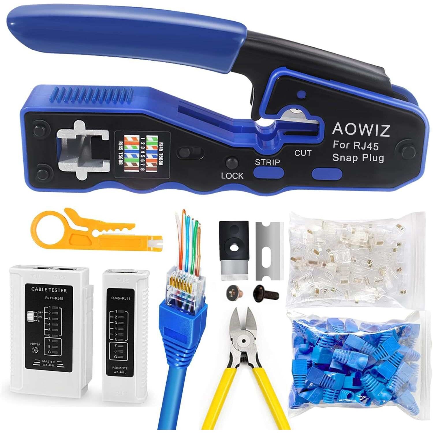 AOWIZ RJ45 Crimp Tool Pass Through Ethernet Crimper Kit Cat5