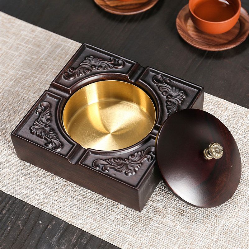 黑檀实木带盖子烟灰缸创意个性潮流家用客厅中式复古大号烟缸防飞