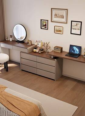 轻奢奶风实梳妆台新款卧室简约现代木化妆桌桌梳CQD妆台书斗柜一