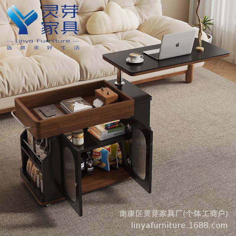 BJ0019客中古风实木厅小推茶车可动边几沙发边柜复古升降几小桌子