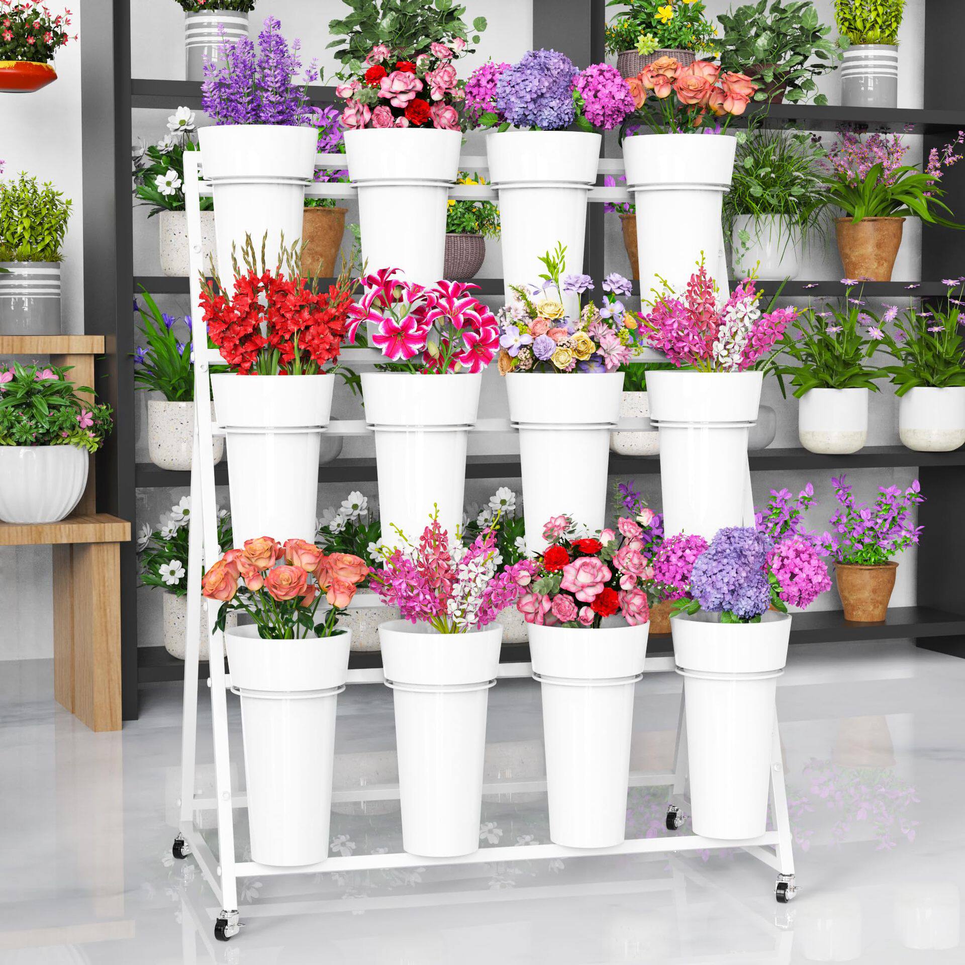 白色鲜花展示架带花桶三层带轮移动重型金属花店花束陈列架