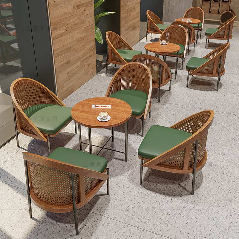 编藤实木椅 高端奶茶店饭店靠墙餐吧西餐厅桌椅咖啡厅桌椅组合