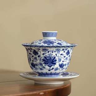 青花缠枝莲悬停三才盖碗家用防烫陶瓷泡茶碗功夫茶具泡茶器茶盏