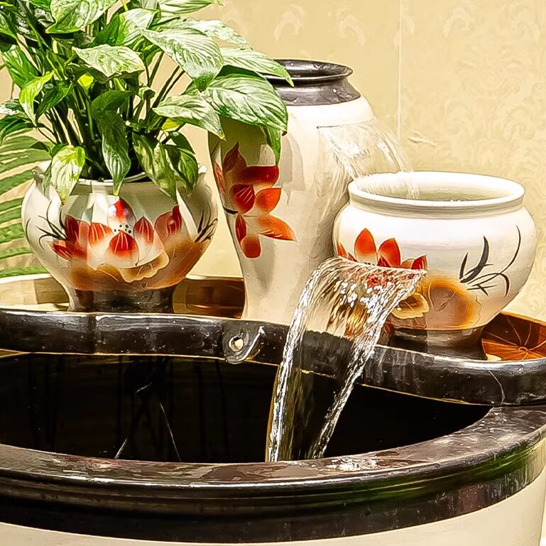 中式荷花客厅装饰水缸生态缸流水摆件循环水观赏鱼缸造景全套