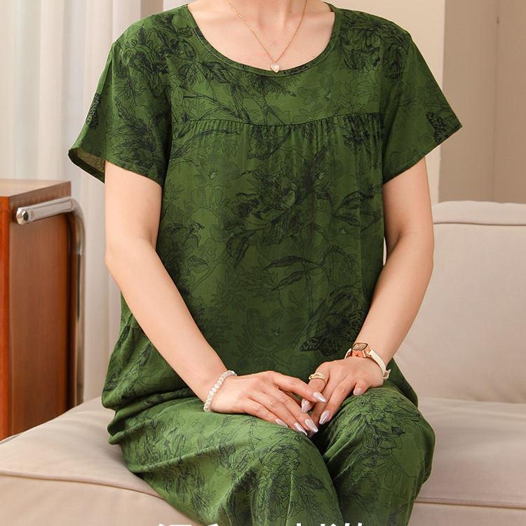 棉绸睡衣女套装夏季中老年人妈妈绵绸短袖人造棉家居服两件套大尺