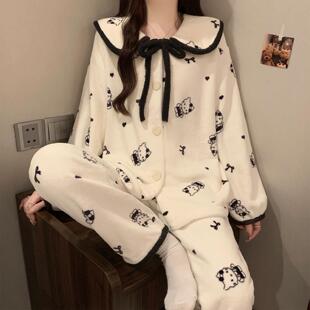 日本珊瑚绒睡衣女秋冬加绒可爱卡通甜美印花保暖可外穿家居服套装