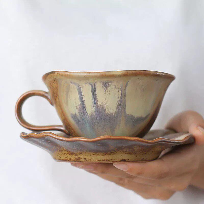 景德镇复古国风柴烧咖啡杯手工陶瓷带碟下午茶家用拿铁水杯马克杯