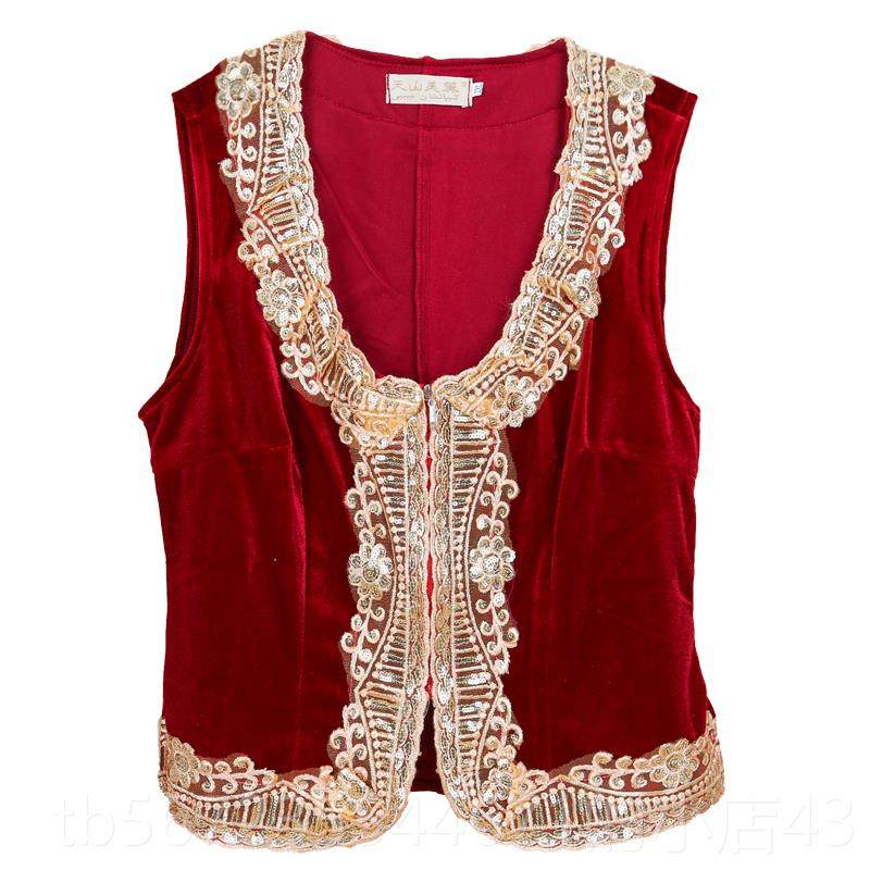 高档新舞蹈表演服装成人短色背心金丝族绒镶边甲广场舞服装维吾马