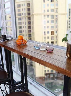 美式桌lRUS吧oft实木吧台家用长条靠窗高脚桌酒复古吧台桌椅组合