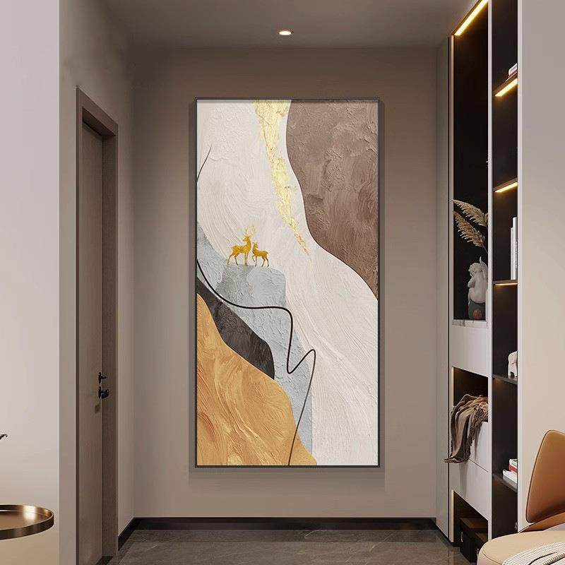 轻厅奢风抽象玄关装画YRT-232饰画山间走福鹿客沙发落地挂竖版廊