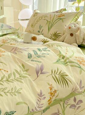 碎158花四件套园被套法式田园田纯全棉棉风床上绿色印花床品三件