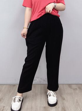棉麻休闲哈伦裤女2023春夏装新款大码胖mm宽松显瘦高腰九分直筒裤