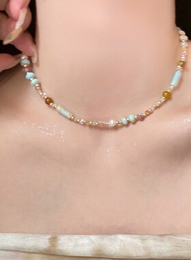 寿山石琉璃珍珠项链女款2024新款多巴胺串珠项链轻奢小众锁骨链女