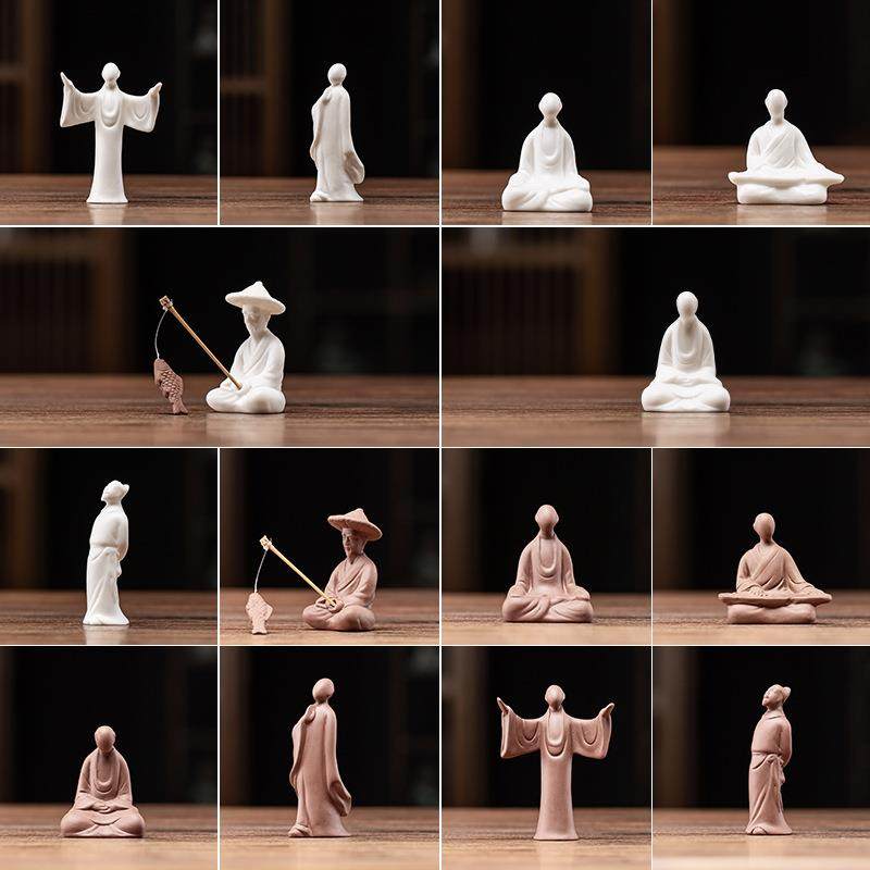 中式小沙弥摆件禅意小和尚创意陶瓷紫砂茶道花盆配件假山鱼缸造景