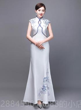 高档礼物仪服旗袍长版装迎演宾小姐青礼花瓷覆古礼服红色酒店物仪