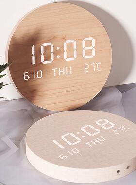 原木新中式挂家用客厅时尚OUX简约钟LED万子年历数字电挂时钟墙常
