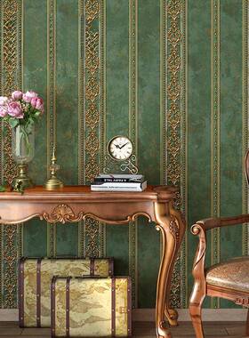 欧式雕墙色纸奢华卧浮室客厅电视背景HYR纹壁纸美式复古绿202条5