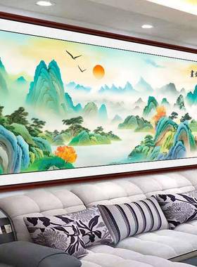 江山如画十绣20GBZ32字新款蓝色版客景厅大幅风山水画手工线绣满