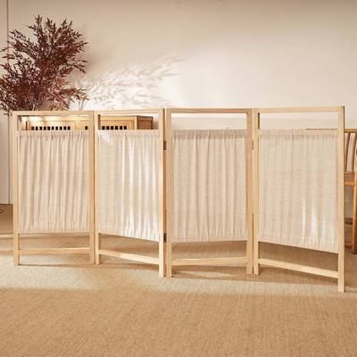 式实木亚麻复小民屏中风幼儿园隔断摆件遮挡THA做旧古简约俗布艺j