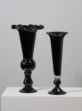 MEI中古风高黑色创意脚风灯琉璃花瓶花几何大口台餐厅烛瓣软装饰