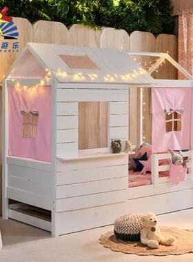 实木儿童床女孩床木屋房床带YY-00FC护栏床房木质小子儿童床树实