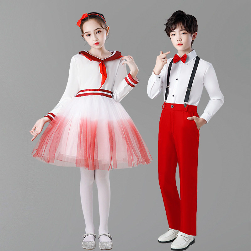 儿童合唱服中小学红领巾大合唱团演出服男背带裤女蓬松纱裙演出服