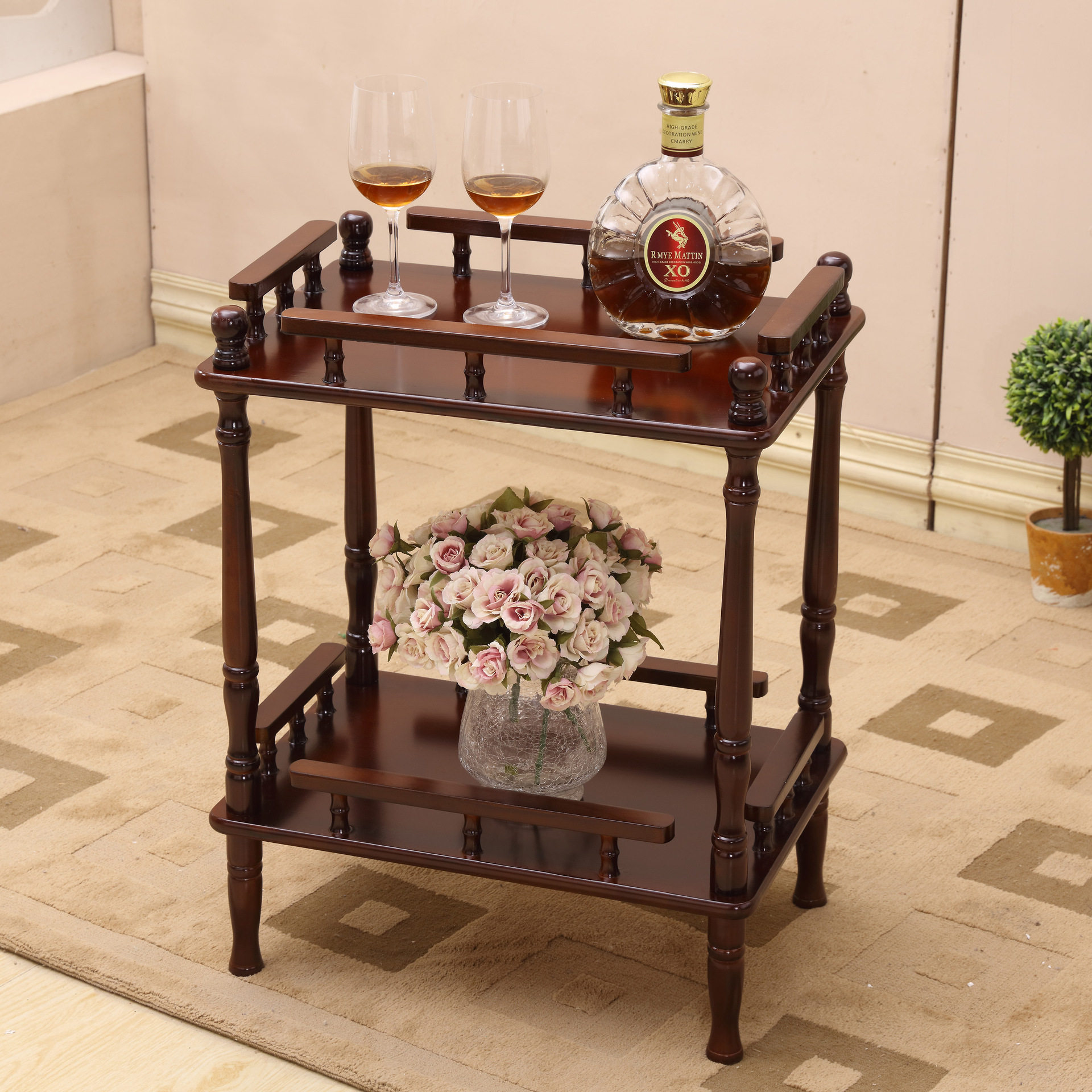 实木现代电话架置物架子棋牌室小茶几圆形茶水架简约小桌子家具