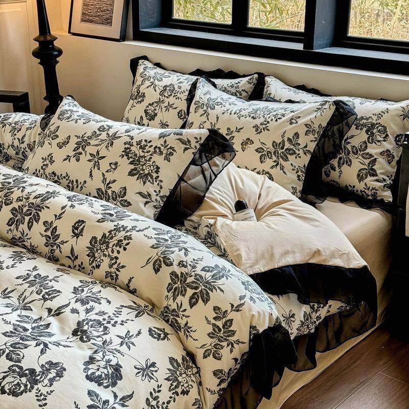 法式赫宿本风复古印纯棉四CEU花件套韩式花边全棉舍三件被套单套