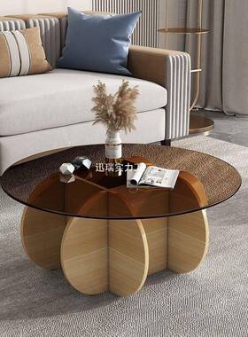 轻台奢钢化XVT璃茶几客厅家玻用小形户型岩板圆网红创意极简阳茶